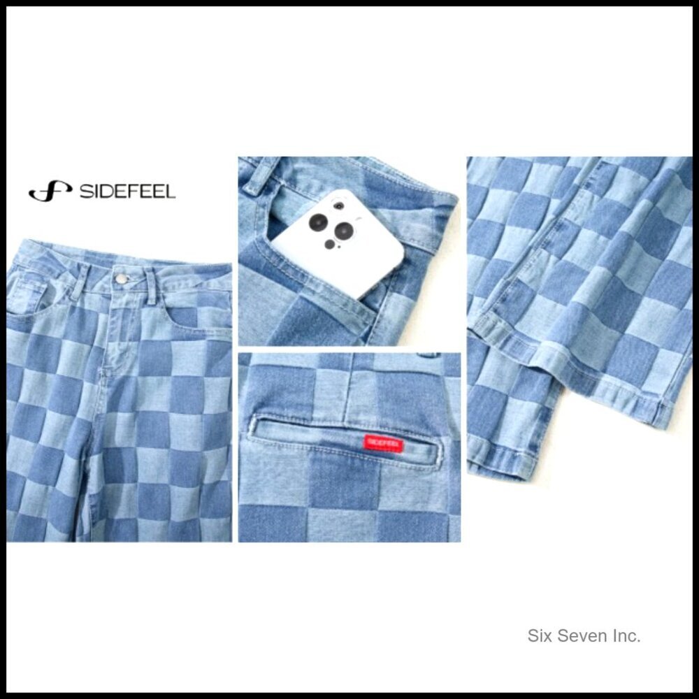 Wide Leg Jeans High Waisted Stretchy Straight Leg Checkered Loose Denim Pants - Picture 7 of 7